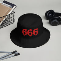 Black bucket hat with Red 666 embroidered artwork, front view