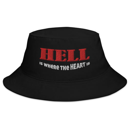Black bucket hat with Hell Is Where The Heart Is embroidered artwork, front view