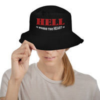 Black bucket hat with Hell Is Where The Heart Is embroidered artwork, front view