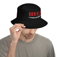 Black bucket hat with Hell Is Where The Heart Is embroidered artwork, front view