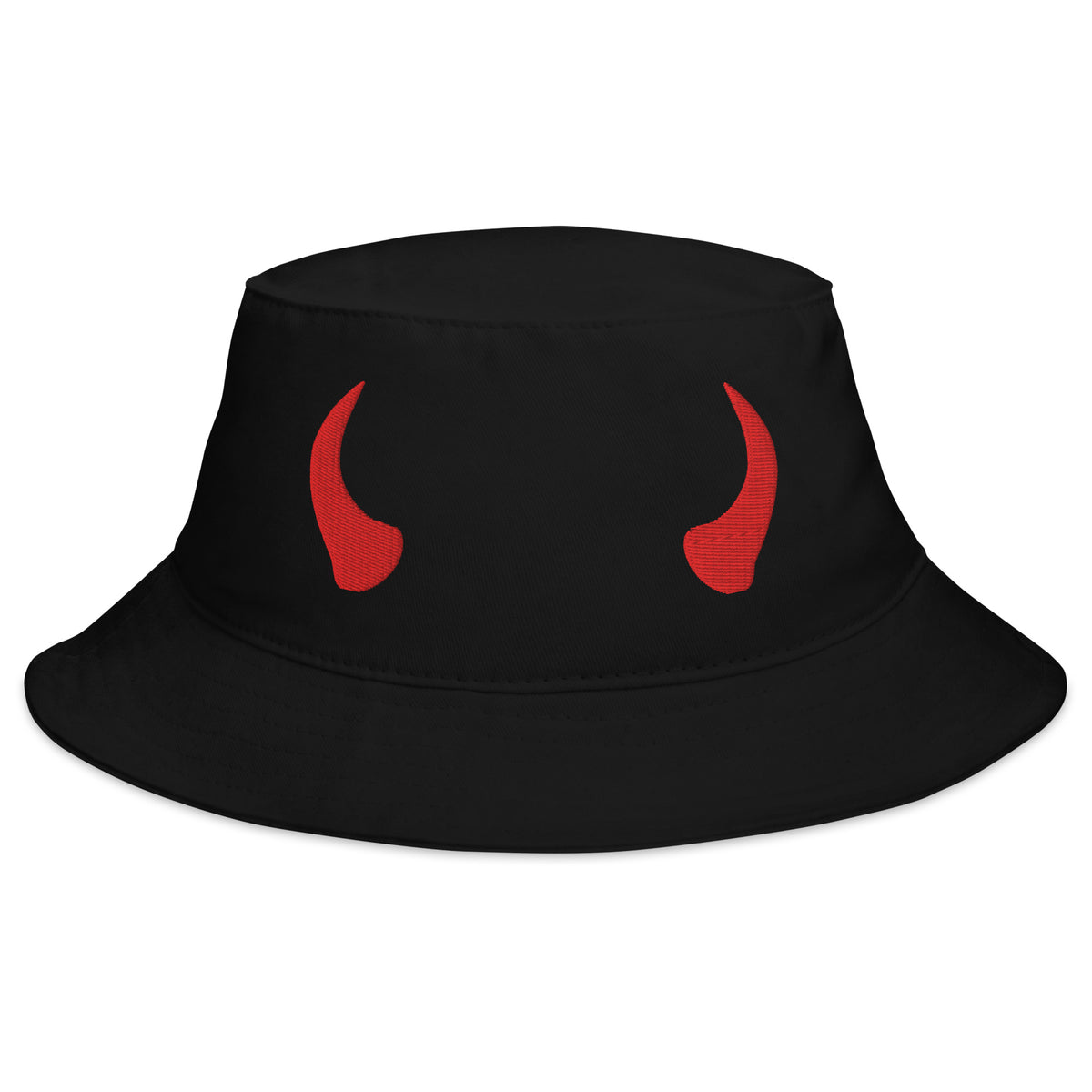 Black bucket hat with Red Devil Horns embroidered artwork, front view