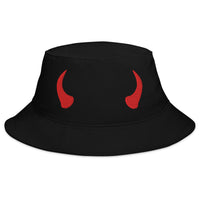 Black bucket hat with Red Devil Horns embroidered artwork, front view