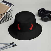 Black bucket hat with Red Devil Horns embroidered artwork, front view