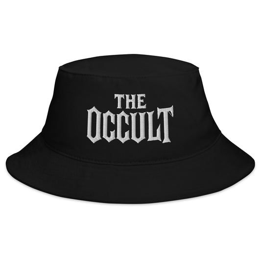 Black bucket hat with The Occult White embroidered artwork, front view