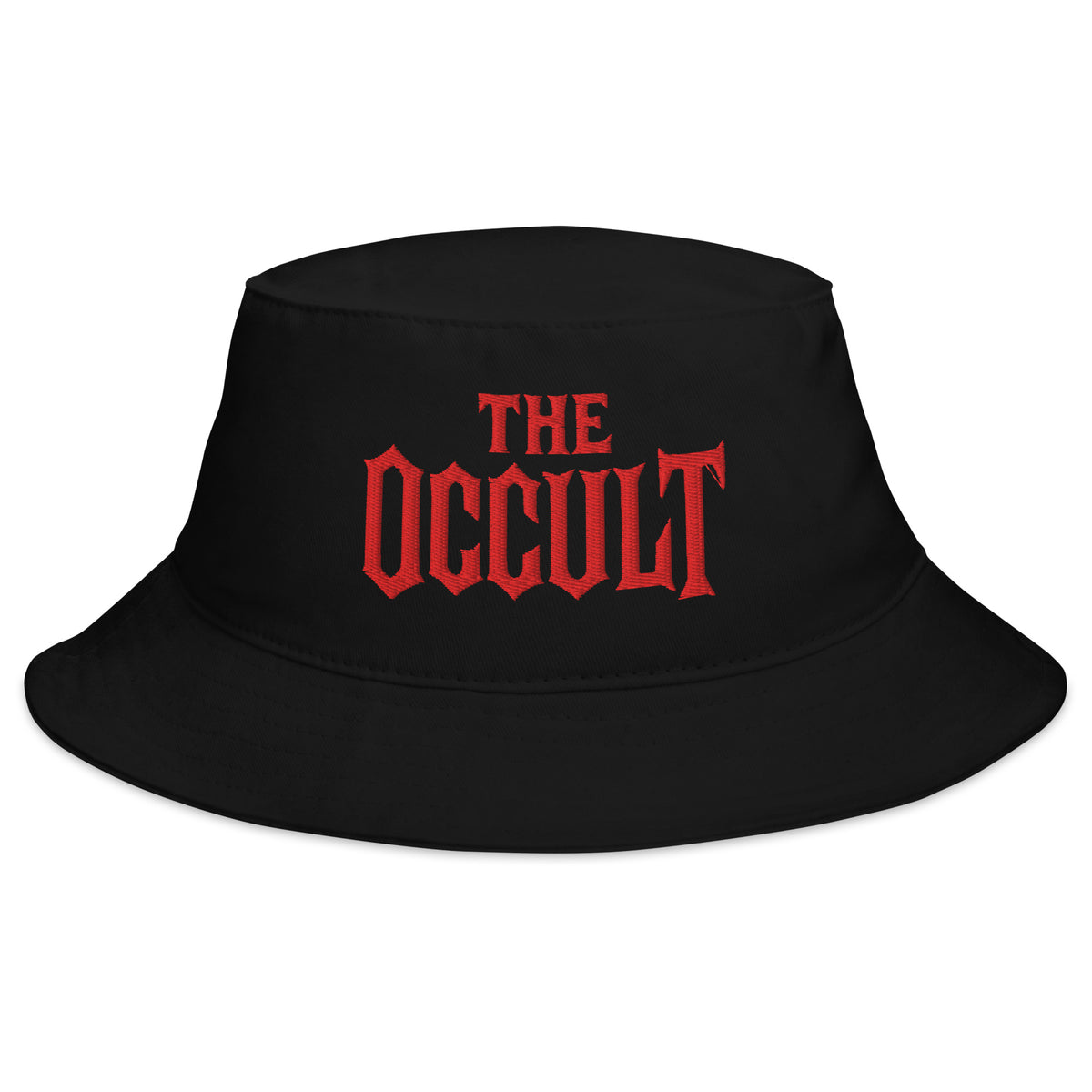 Black bucket hat with The Occult Red embroidered artwork, front view