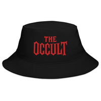 Black bucket hat with The Occult Red embroidered artwork, front view