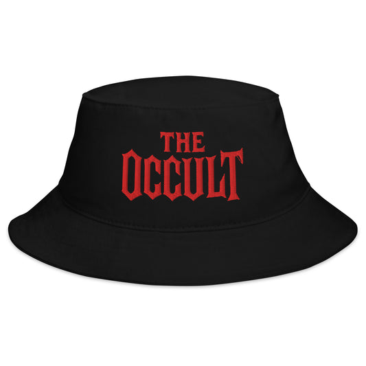 Black bucket hat with The Occult Red embroidered artwork, front view