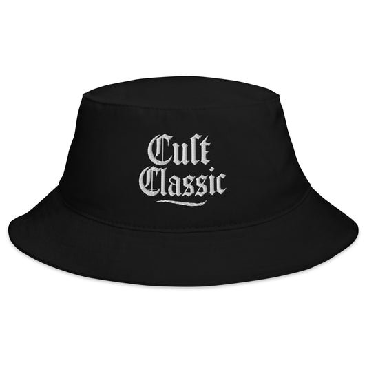 Black bucket hat with Cult Classic White Gen X embroidered artwork, front view