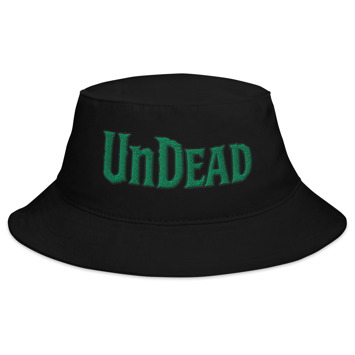 Black bucket hat with Undead Zombie Horror embroidered artwork, front view