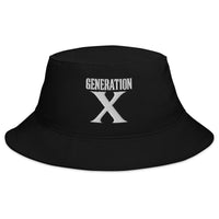 Black bucket hat with Gen X Retro embroidered artwork, front view
