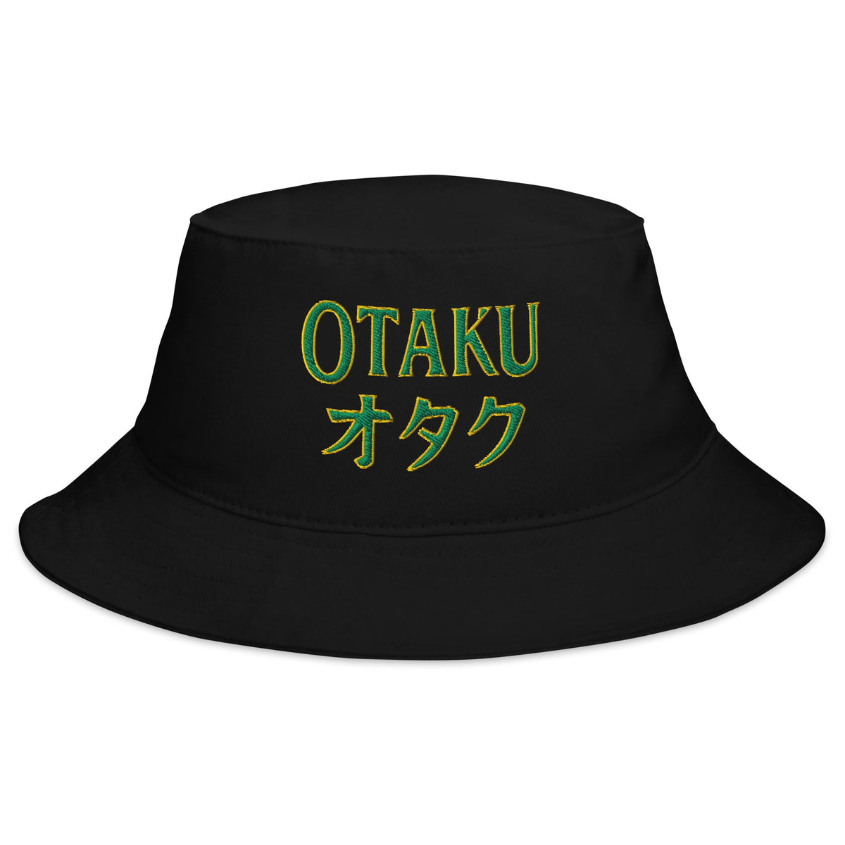 Black bucket hat with Otaku オタク Japanese embroidered artwork, front view