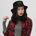 Black bucket hat with Otaku オタク Japanese embroidered artwork, front view
