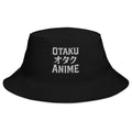 Black bucket hat with Otaku オタク Anime embroidered artwork, front view