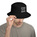 Black bucket hat with Otaku オタク Anime embroidered artwork, front view