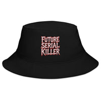 Black bucket hat with Future Serial Killer embroidered artwork, front view