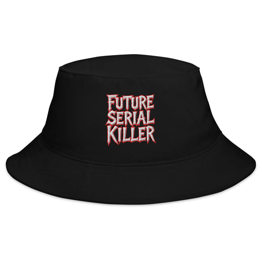 Black bucket hat with Future Serial Killer embroidered artwork, front view