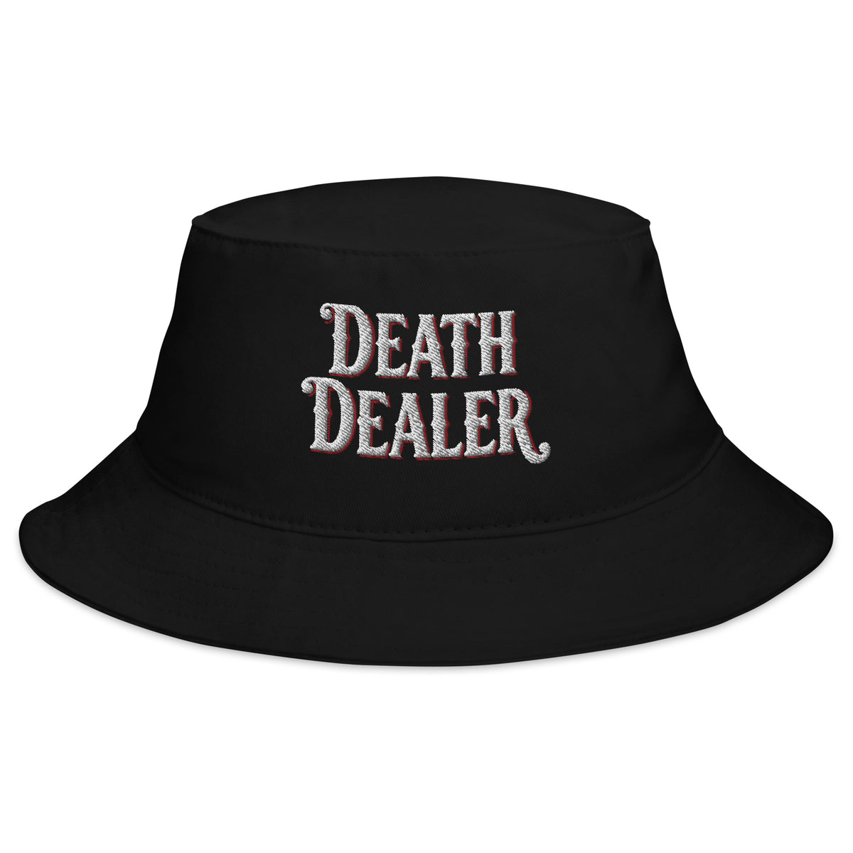 Black bucket hat with Death Dealer embroidered artwork, front view