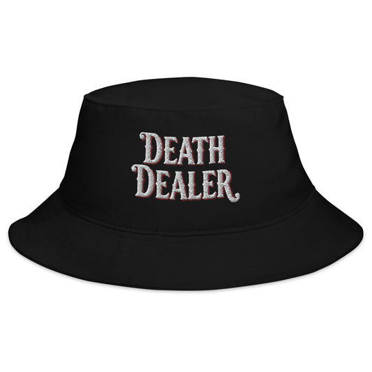 Black bucket hat with Death Dealer embroidered artwork, front view