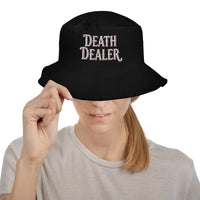 Black bucket hat with Death Dealer embroidered artwork, front view