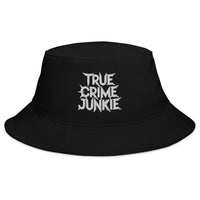 Black bucket hat with True Crime Junkie embroidered artwork, front view