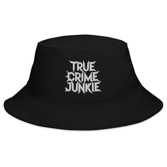 Black bucket hat with True Crime Junkie embroidered artwork, front view
