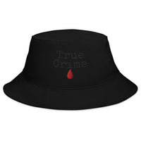 Black bucket hat with True Crime Blood Drop embroidered artwork, front view
