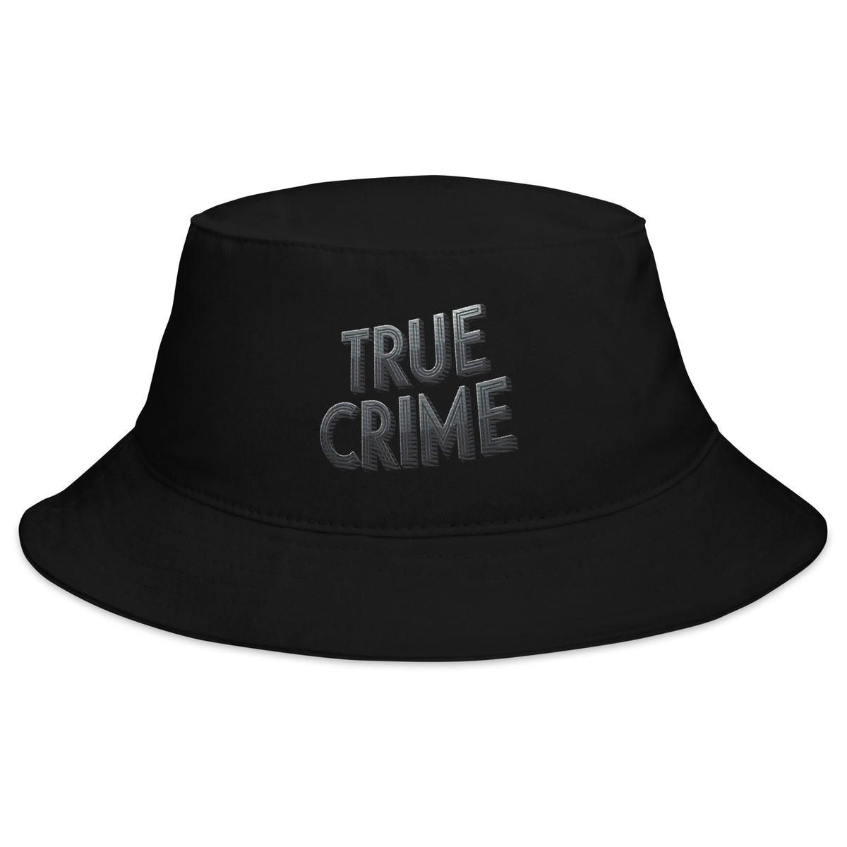 Black bucket hat with Detective Style True Crime embroidered artwork, front view