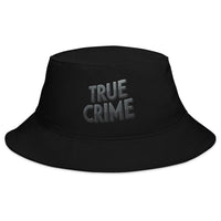 Black bucket hat with Detective Style True Crime embroidered artwork, front view