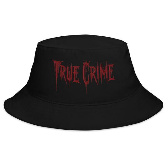 Black bucket hat with Blood Drip True Crime embroidered artwork, front view