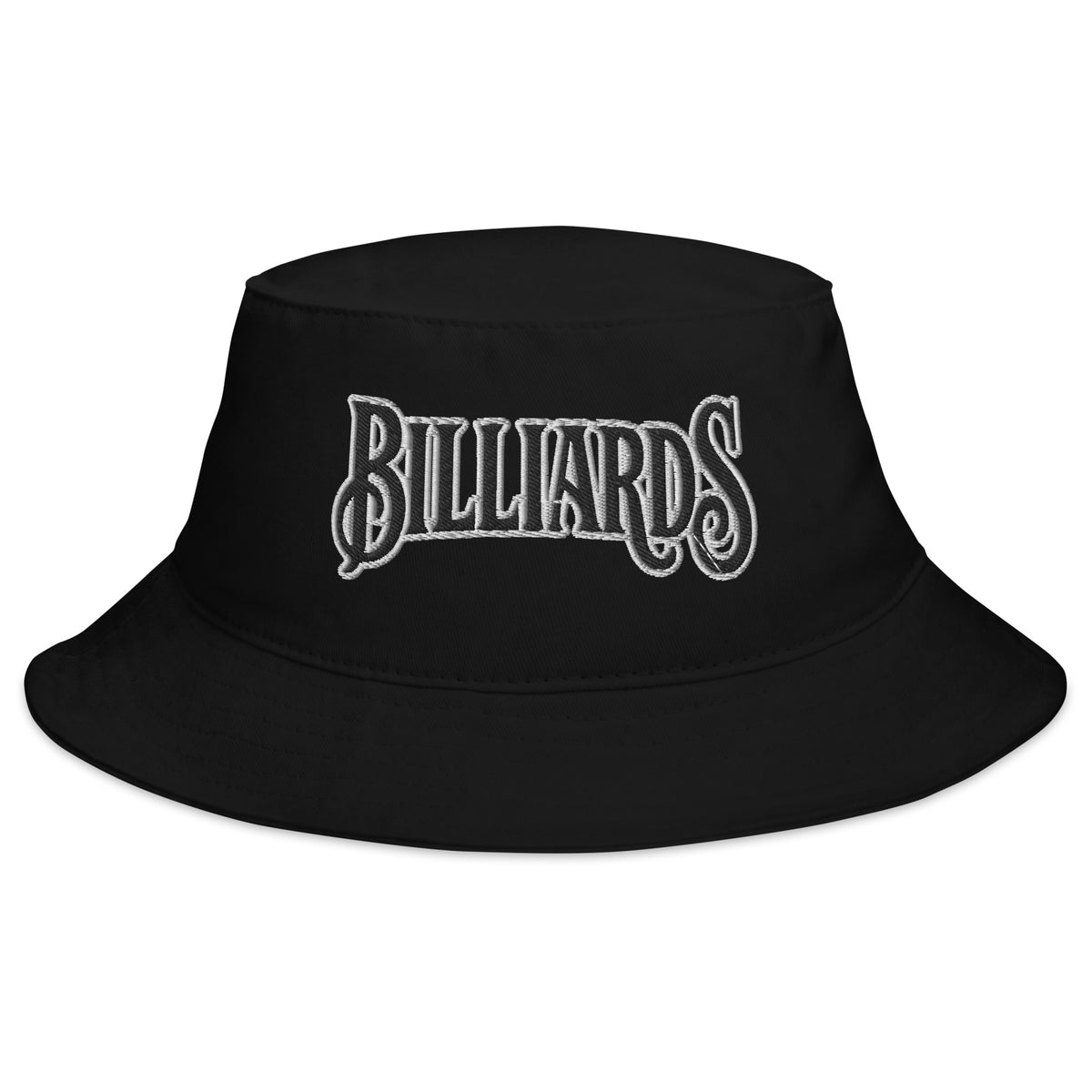 Black bucket hat with Billiards Pool Hall embroidered artwork, front view