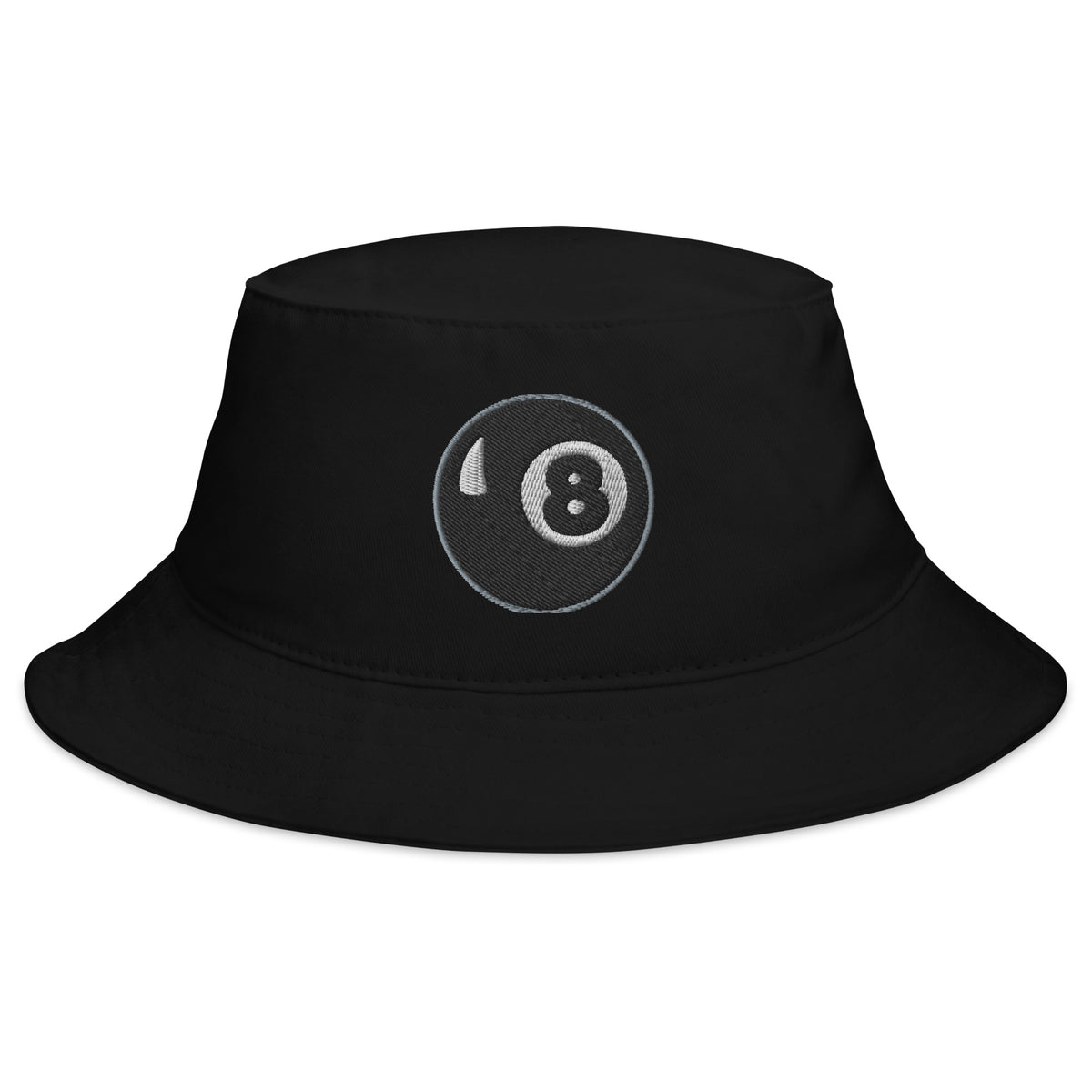 Black bucket hat with Black 8 Ball Billiards embroidered artwork, front view