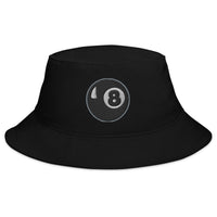 Black bucket hat with Black 8 Ball Billiards embroidered artwork, front view