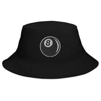 Black bucket hat with 8 Ball Billiards embroidered artwork, front view