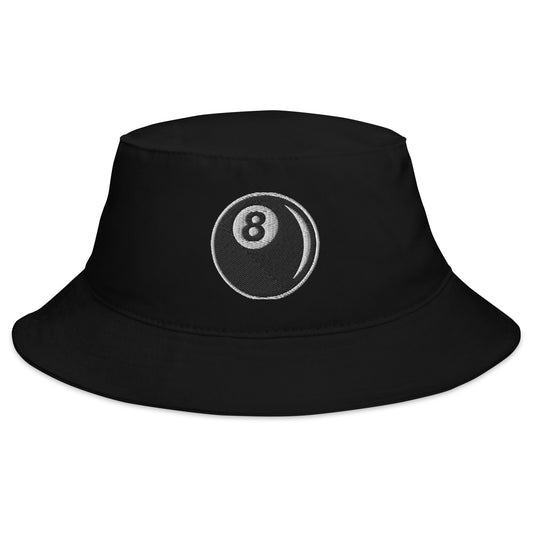 Black bucket hat with 8 Ball Billiards embroidered artwork, front view
