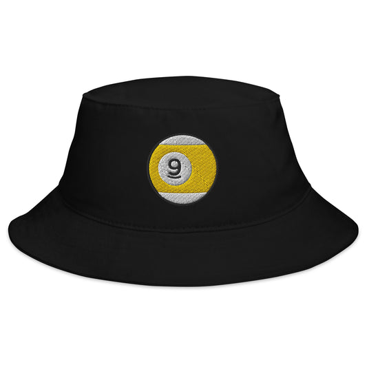 Black bucket hat with Nine Ball Line Billiards embroidered artwork, front view