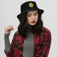 Black bucket hat with Nine Ball Line Billiards embroidered artwork, front view