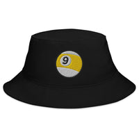 Black bucket hat with Nine Ball Billiards embroidered artwork, front view