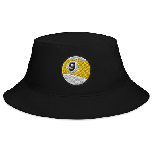 Black bucket hat with Nine Ball Billiards embroidered artwork, front view
