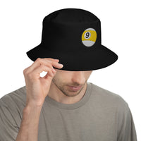 Black bucket hat with Nine Ball Billiards embroidered artwork, front view