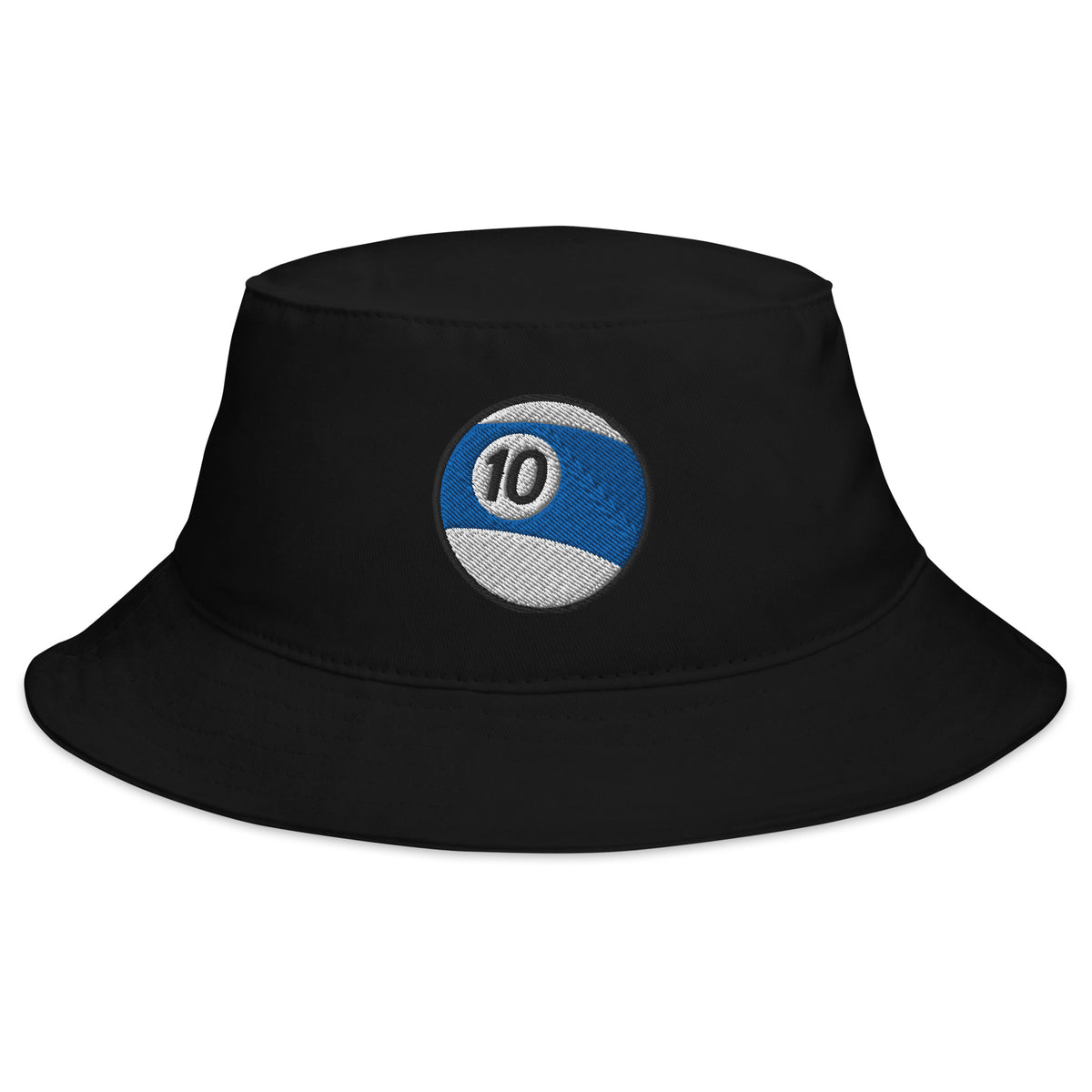 Black bucket hat with Ten Ball Billiards embroidered artwork, front view