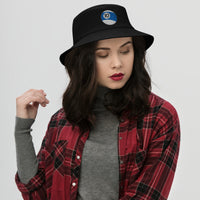 Black bucket hat with Ten Ball Billiards embroidered artwork, front view
