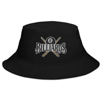 Black bucket hat with Billiards 8 Ball embroidered artwork, front view
