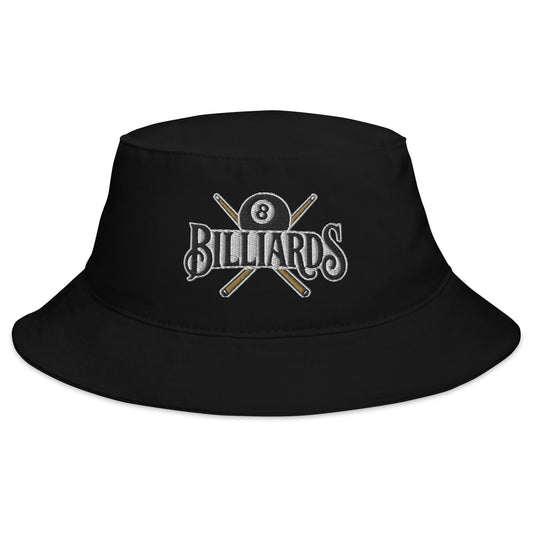 Black bucket hat with Billiards 8 Ball embroidered artwork, front view
