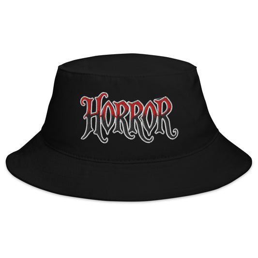 Black bucket hat with HORROR True Crime embroidered artwork, front view