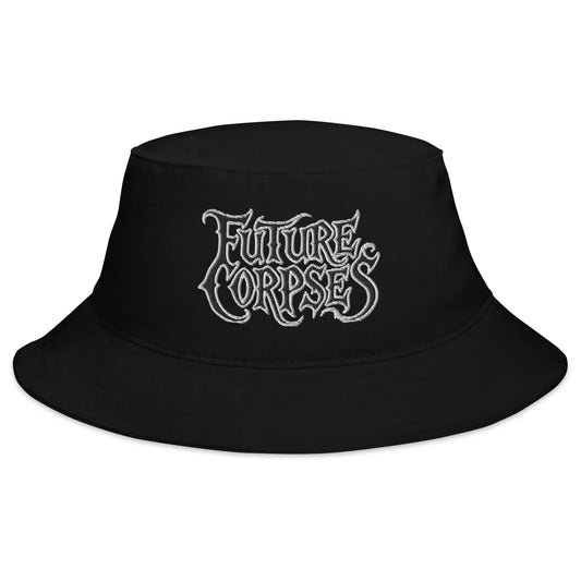 Black bucket hat with Future Corpses Horror embroidered artwork, front view