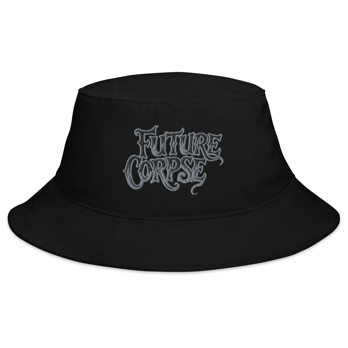 Black bucket hat with Future Corpse Horror Funeral embroidered artwork, front view