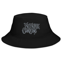 Black bucket hat with Future Corpse Horror Funeral embroidered artwork, front view