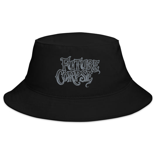 Black bucket hat with Future Corpse Horror Funeral embroidered artwork, front view