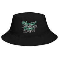 Black bucket hat with Freak Show Horror Carnival embroidered artwork, front view