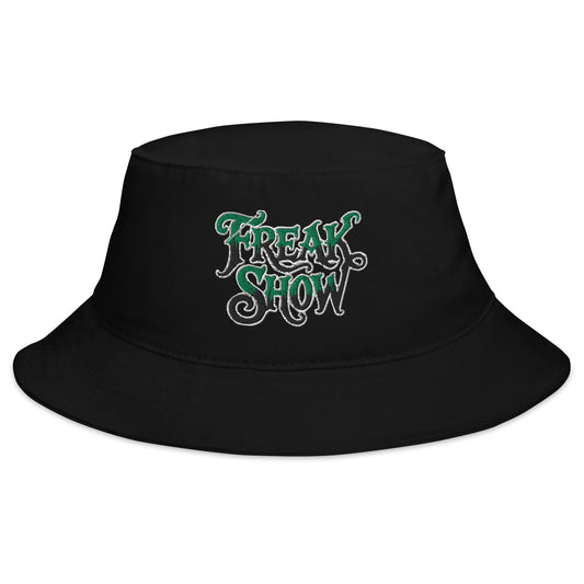 Black bucket hat with Freak Show Horror Carnival embroidered artwork, front view